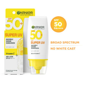 Garnier Super UV Invisible Serum Sunscreen SPF 50 PA++++ UVA/B for Broad Spectrum | Lightweight with Vitamin C | No White Cast | For All Skin Types (Oily, Dry, Acne-prone) | For Men & Women 30 ml