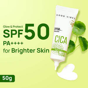 Good Vibes CICA Brightening Glow Sunscreen SPF 50 PA++++|Cica Extract, 3% Niacinamide, & Hyaluronic Acid|Brightening Sunscreen|Lightweight Aqua Gel|Non-Greasy|No White Cast|Fragrance-Free|Suitable for All Skin Types|Suitable for Oily Skin - 50 gm
