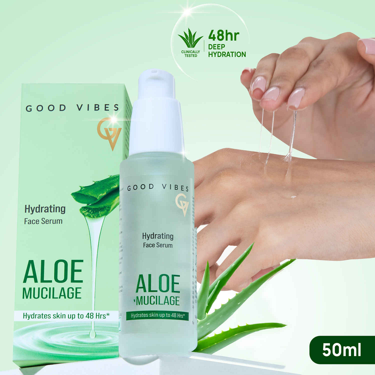 Good Vibes Aloe Mucilage Hydrating Serum | 48-Hour Deep Hydration | Soft & Moisturized Skin | Natural Mucin Alternative for Healthy Skin | Reduces Signs of Aging | Perfect for Skin & Hair | 50 ml