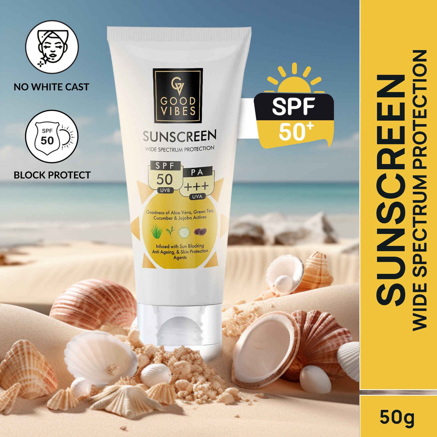 Good Vibes Wide Spectrum Protection Sunscreen with SPF 50 | With Aloe Vera | New & Improved | 50 gm
