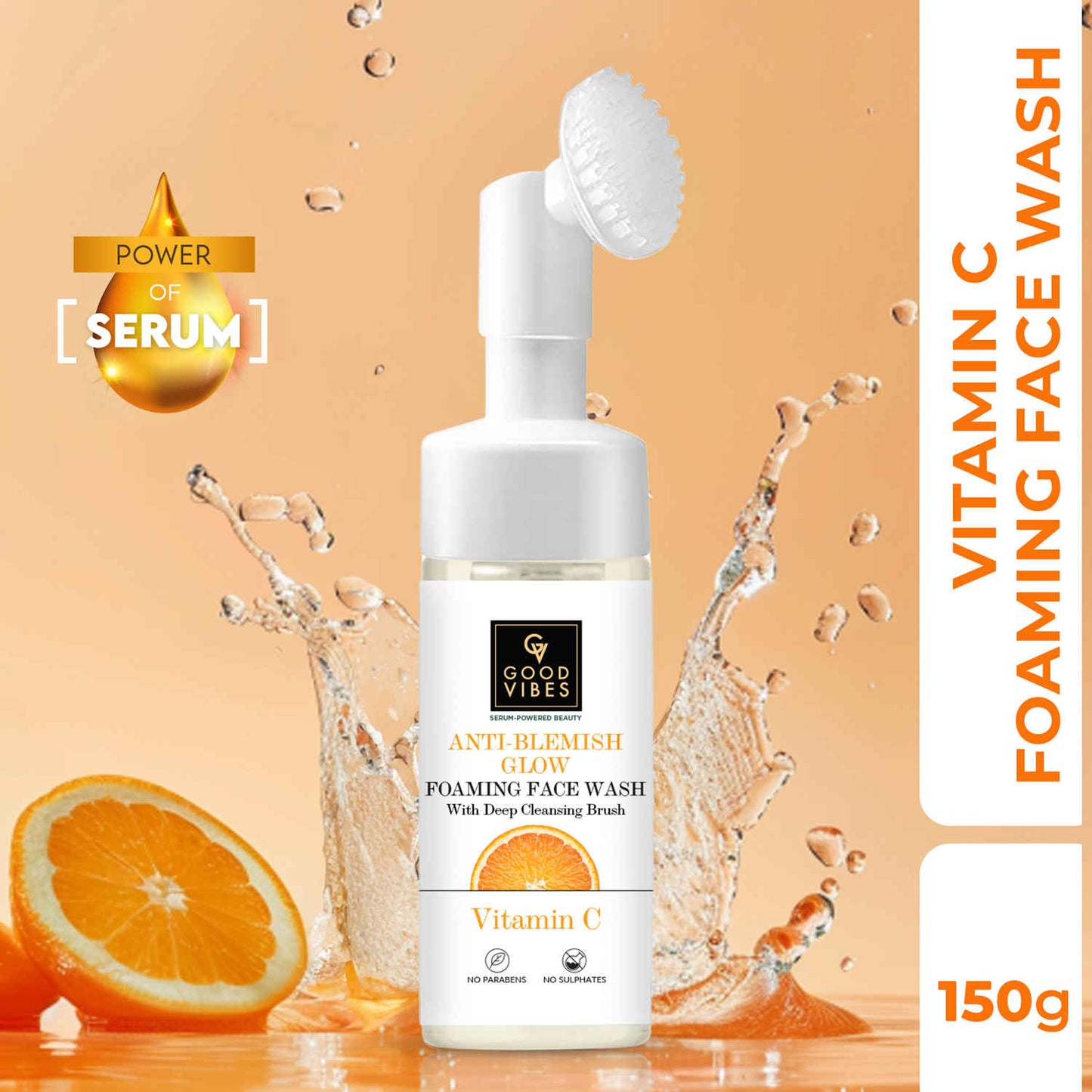 Good Vibes Vitamin C Glow Foaming Face Wash With Deep Cleansing Brush | Face Cleanser | Non-Drying, Brightening, Clear Skin | No Parabens, No Sulphates, No Animal Testing (150 ml)