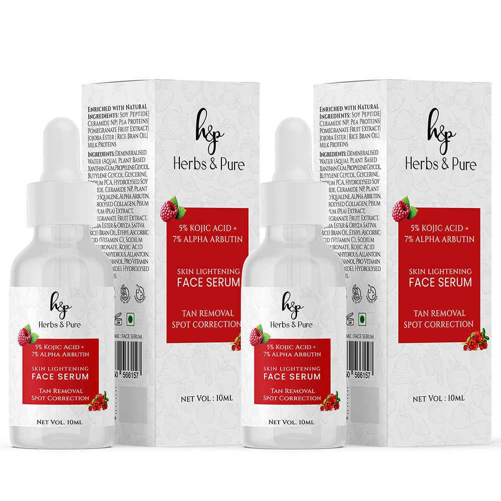 Herbs & Pure 5% Kojic Acid & 7% Alpha Arbutin Face Serum 10 ml | Tan Removal and Spot Correction | All Skin Types | Women & Men| 100% Vegan |Pack of 2