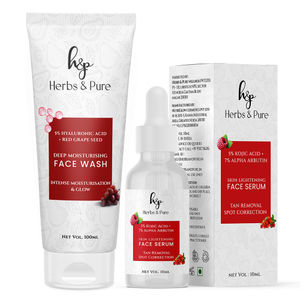 Herbs & Pure Deep Moisturising 5% Hyaluronic Acid and Red Grapes Face Wash (100 ml) for Dark Spots & 5 % Kojic Acid and 7% Alpha Arbutin Face Seum (10 ml) for Tan Removal - Pack of 2