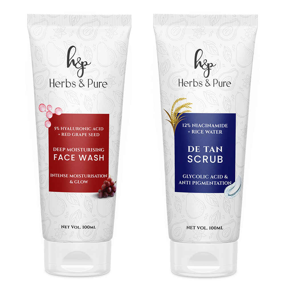 Herbs & Pure Deep Moisturising 5% Hyaluronic Acid Face Wash(100 ml) for Remove Wrinkles, Dark spots & De tan Scrub(100 ml) for Anti Pigmentation, Pack of 2