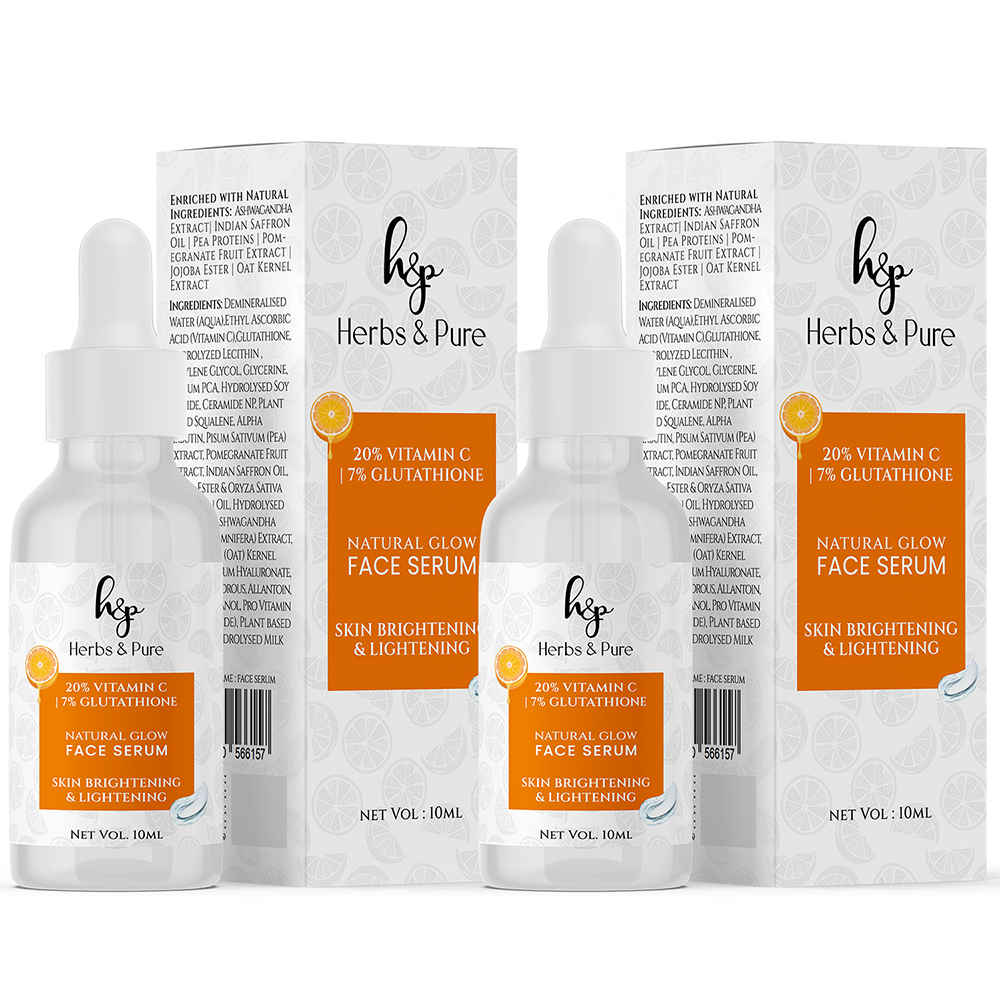Herbs & Pure Natural Glow 20% Vitamin C & 7% Glutathione Face Serum For Glowing Skin 10 ml | All Skin Types | Women & Men | Pack of 2
