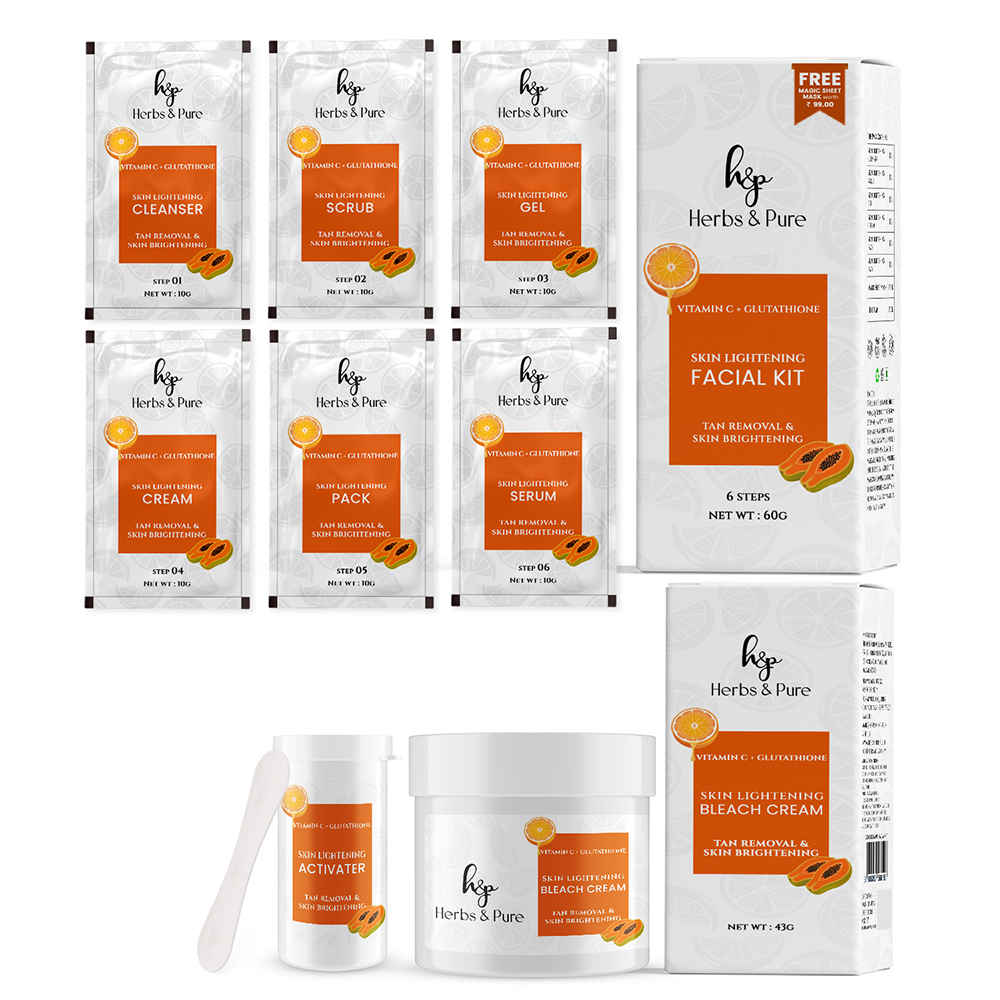 Herbs & Pure Skin Lightening Facial kit (60 gm) & Bleach (43 gm)With Vitamin C & Glutathione for illumination & Glowing Skin With Magic Sheet Mask and Disposable Head Cap - Pack of 2