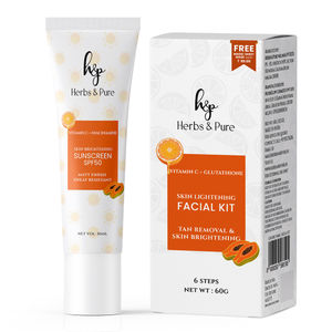 Herbs & Pure Skin Lightening Facial kit With Vitamin C & Glutathione for Glowing and Skin Brightening Vitamin C & Niacinamide Sunscreen SPF 50 With Magic Sheet Mask & Disp HeadCap 50 & 60 gm Pack of 2
