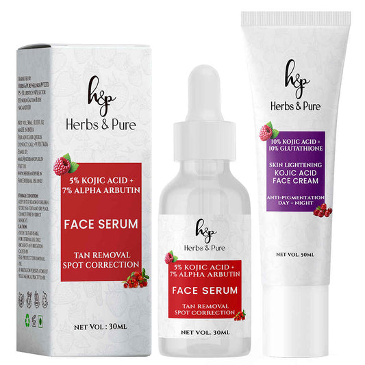Herbs & Pure Skin Lightening Kojic Acid Face Serum (30 ml) and Face Cream (50 ml) for Tan Removal and Spot Correction,| Unisex, All Skin Types | 100% Vegan, Pack of 2