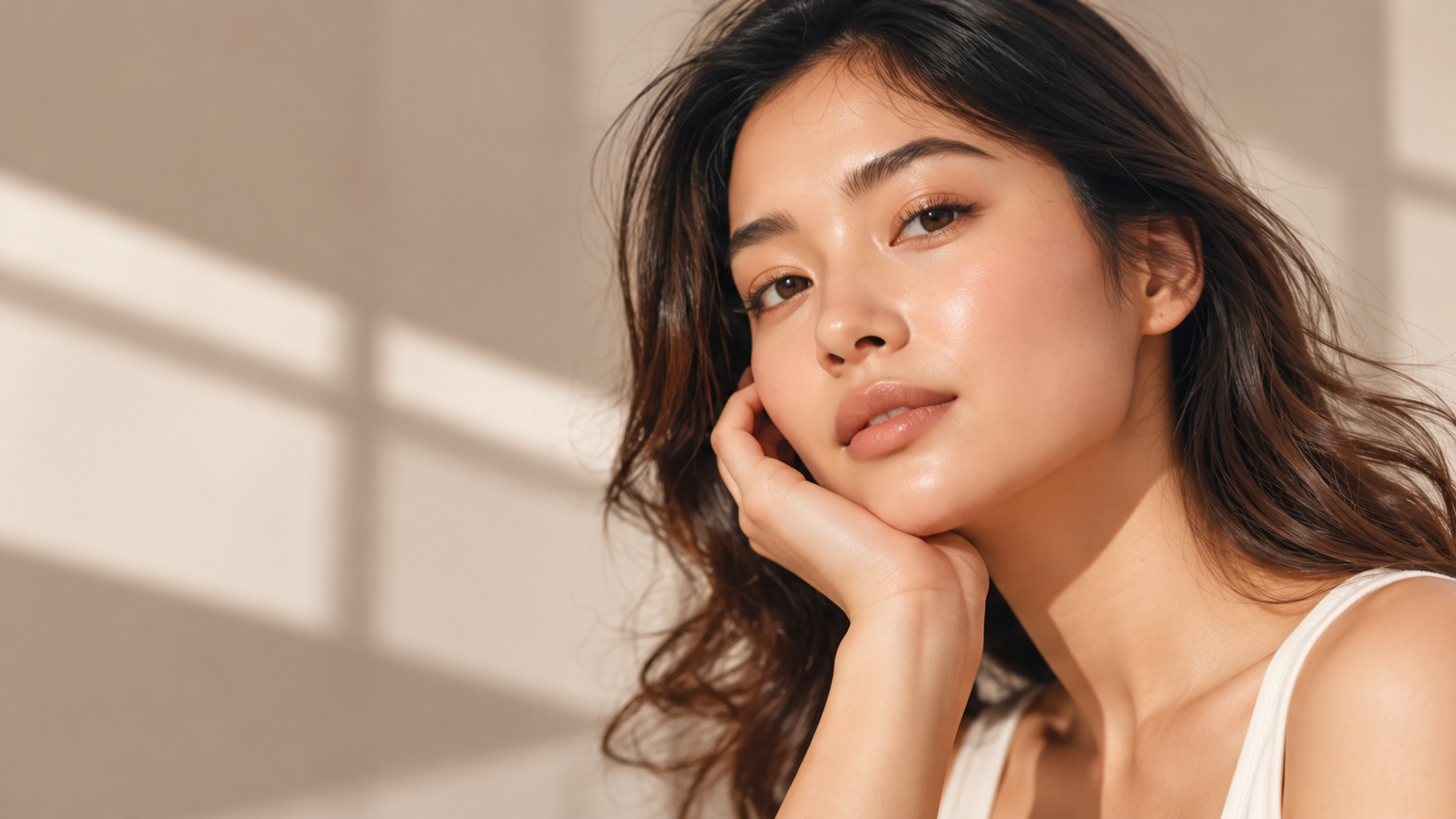 Woman with glowing skin resting her chin on her hand