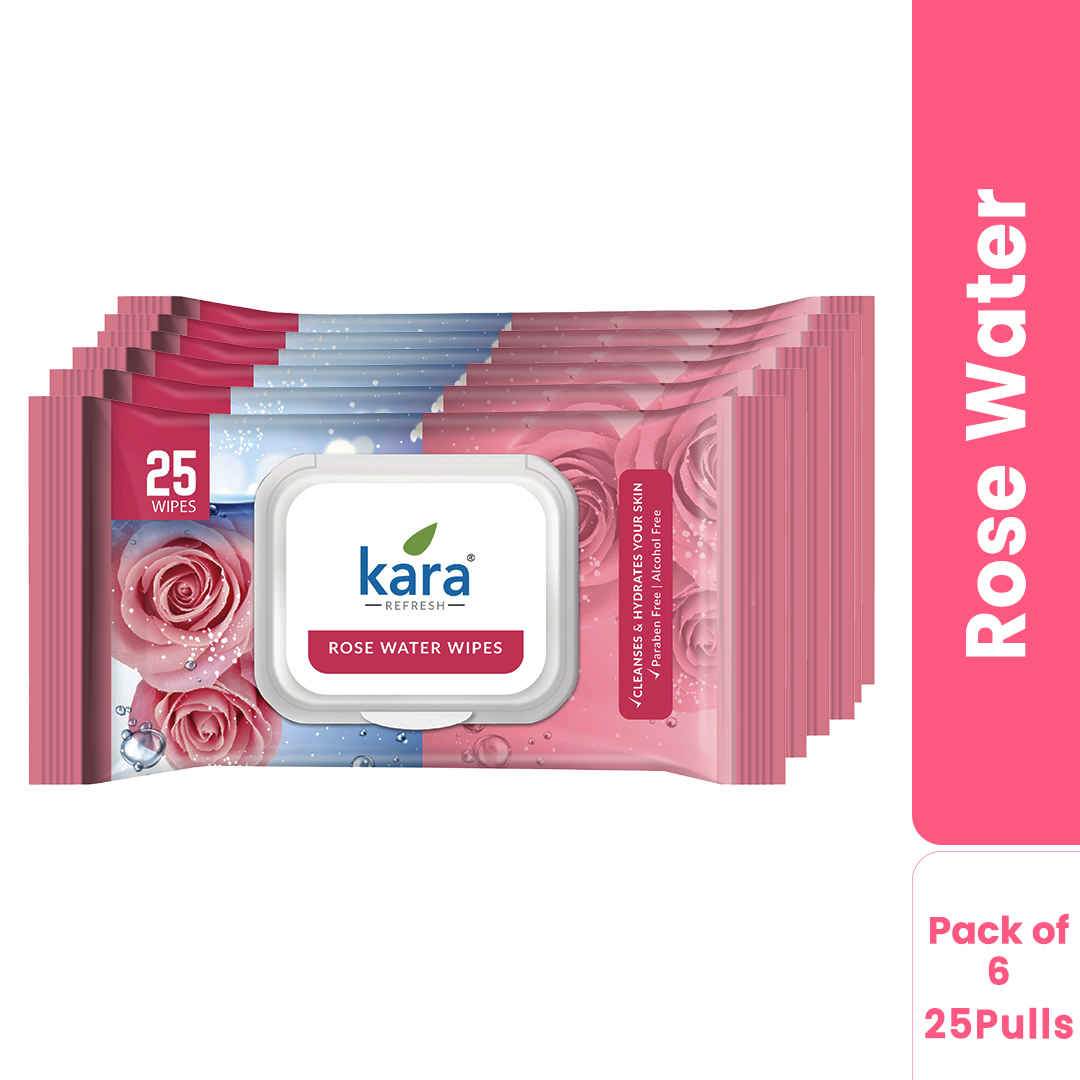 Kara Refreshing Facial Wipes 25 Pulls - (Pack of 6) | Rose Water & Vitamin E | Soothing Cleansing & Hydration | Paraben-Free & Alcohol-Free