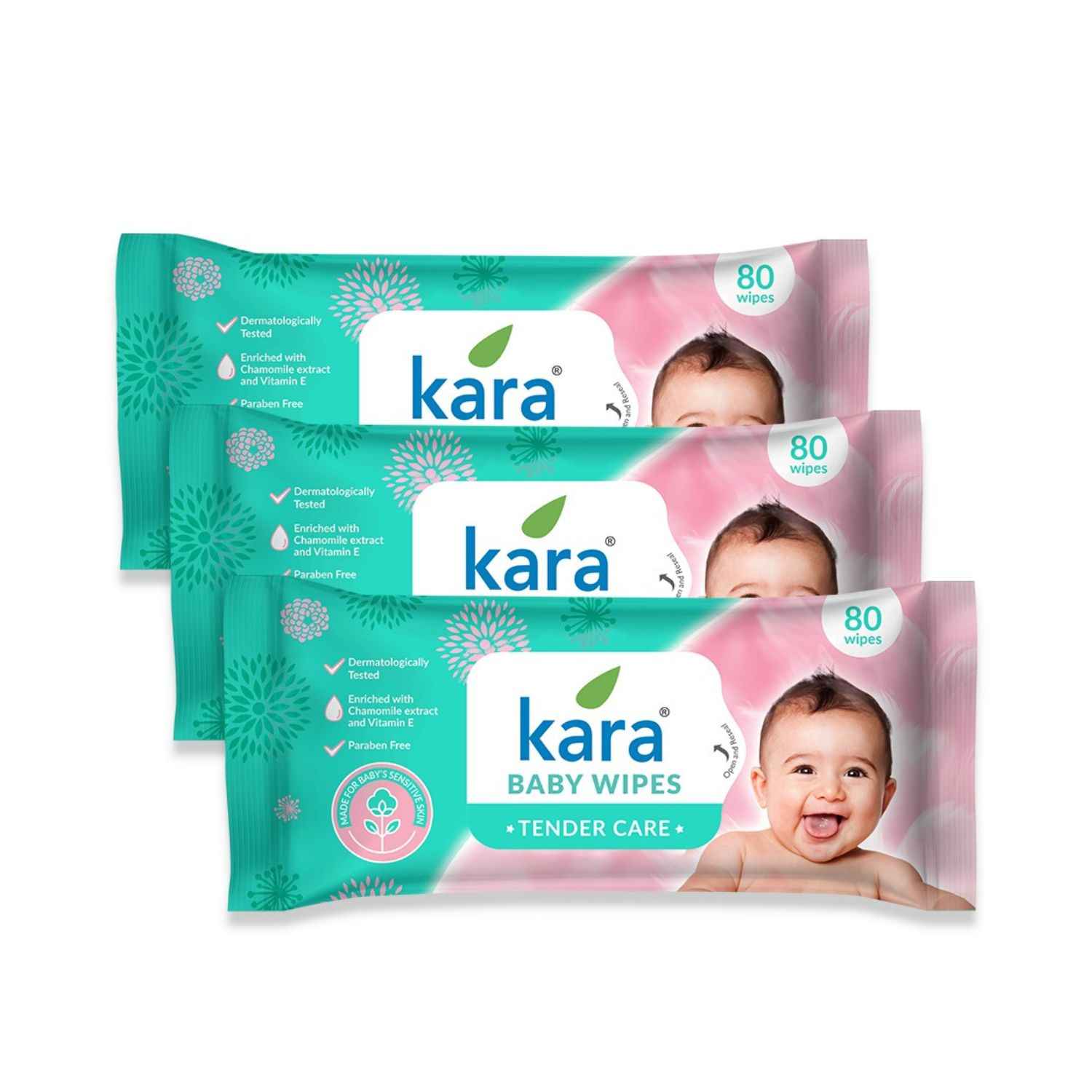 Kara Tender Care Baby Wipes - 80 Pulls (Pack of 3) | Gentle, Safe & Dermatologically Tested