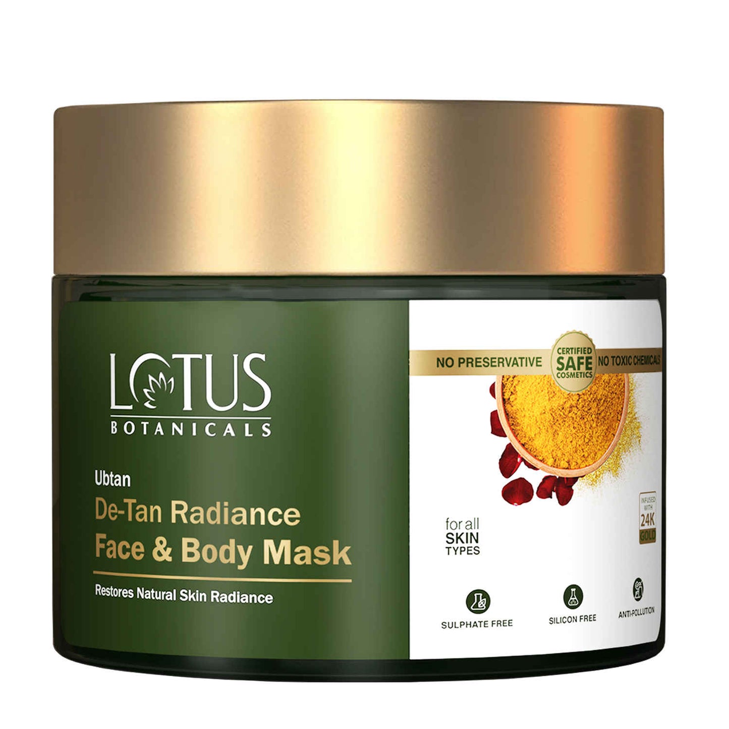 Lotus Botanicals Ubtan De-Tan Radiance Face and Body Mask | Infused with 24K Gold | For Boosting Skin Radiance, Reducing Skin Dullness & Anti-Tanning | No Silicon, No Sulphates, Non-Comedogenic, No Preservatives | 140 gm