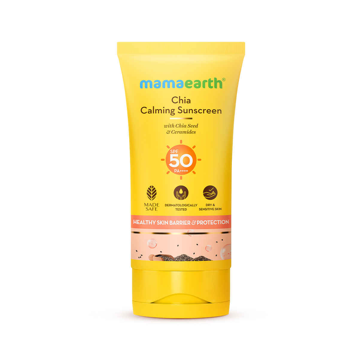 Mamaearth Chia Calming Sunscreen with Chia Seed & Ceramides for Healthy Skin Barrier & Sun Protection 50 gm | SPF 50 PA++++ |hydrated glow| For Dry &Sensitive Skin | UVA/ B Protection | No White Cast | In-Vivo Tested