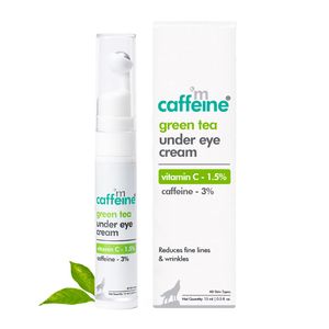 mCaffeine Green Tea Under Eye Cream to Reduce Fine Lines, Wrinkles & Dark Circles | 3% Caffeine, 1.5% Vit C  Reduce dark circles | Cooling Gel & Roller for Men & Women - 15 ml