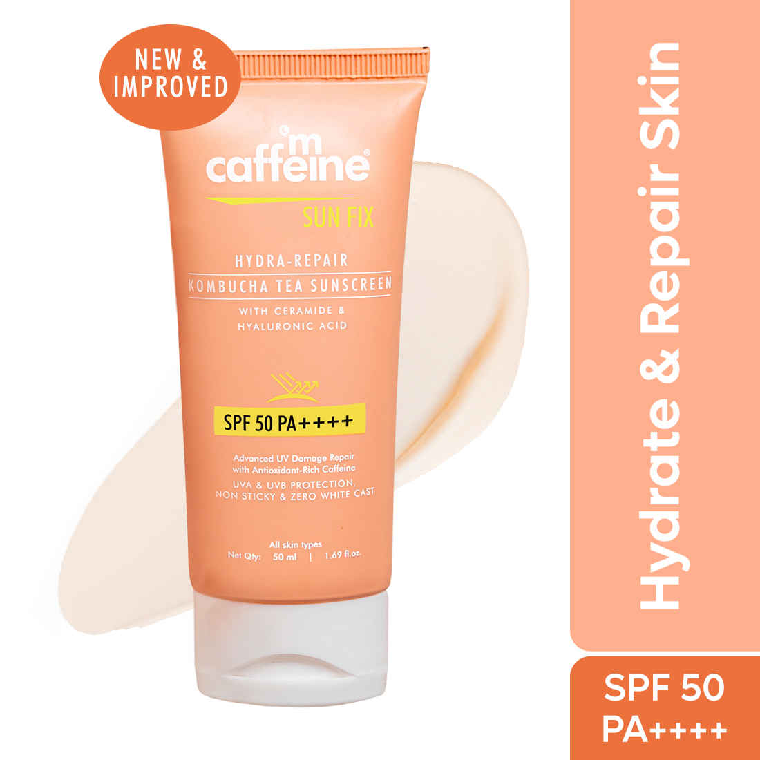 mCaffeine Hydra Repair Sunscreen SPF 50 PA++++ with Ceramides & Kombucha Tea| UVA-UVB & Blue Light Protection, Lightweight, No White Cast - 50 ml