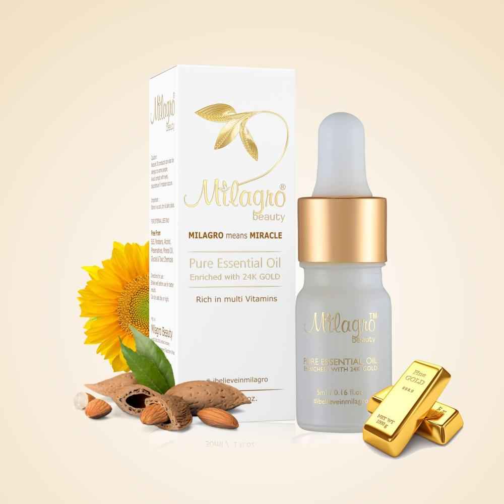 Milagro Beauty Essential Oil for Skin 24K Gold, Sunflower & Almond Oils, Toner Alcohol & Fragrance Free, Fades Blemishes, Brightens & Smoothens Skin, 100% Vegan Skincare Treatment (5 ml)