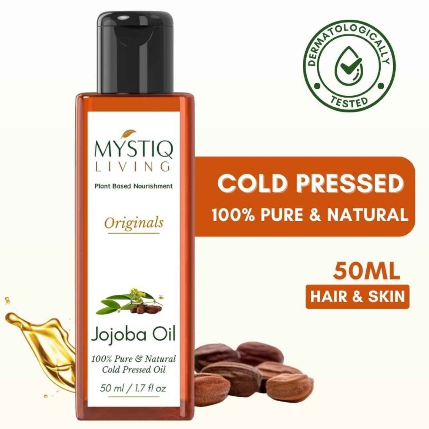 Mystiq Living Jojoba Oil Pure and Cold Pressed (50 ml) For Face, Skin, Body & Hair Growth