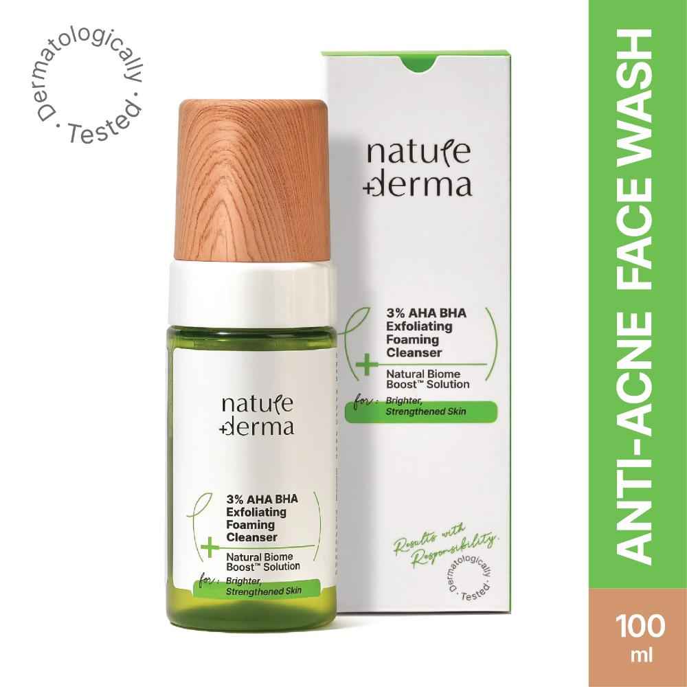 Nature Derma 3% AHA BHA Facewash with 100% Natural Biome-Boost™ Solution: Skin-Strengthening & Exfoliating Foaming Cleanser To Resurface Dull / Dry Skin And Fight Acne 100 ml