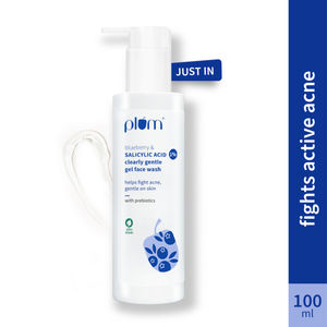 Plum 1% Salicylic Acid Clearly Gentle Gel Face Wash with Blueberry | Helps fight active acne | Gentle & non-drying | For oily, acne-prone skin | Beginner-friendly | All genders | 100% Vegan | 100 ml