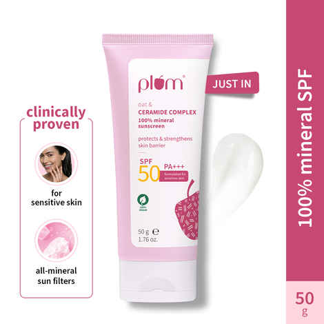 Plum Oat & Ceramide Complex 100% Mineral Sunscreen | SPF 50 PA+++ | No White Cast | For Sensitive Skin | Strengthens Skin Barrier | Sun Protection From UVA/B Rays | Lightweight, Non-Oily | Men & Women | 50 gm