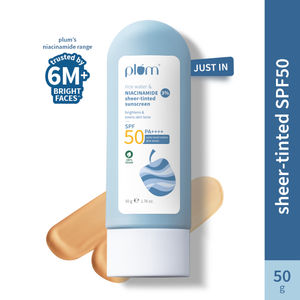 Plum Rice water & 3% niacinamide sheer-tinted sunscreen | Suitable for most Indian skin tones | SPF 50 PA++++| Sheer finish | Non-oily | Women | Fragrance-free | 100% vegan | 50 gm