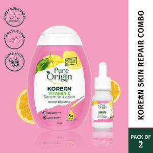 Pure Origin Korean Vitamin C Face Serum (10 ml) & Body Lotion (300 ml) Combo | Brightens & Fades Spots | Intense Moisture | For All Skin Types - Combo of 2