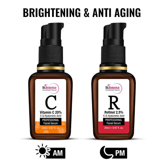 StBotanica Brightening & Anti Aging Combo | Vitamin C 20% Face Serum + Retinol 2.5% Face Serum (20 ml Each)