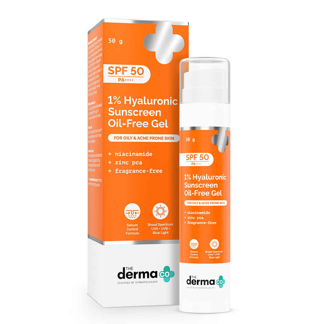 The Derma Co. 1% Hyaluronic Sunscreen Oil-Free Gel | Lightweight Sunscreen for Oily & Acne-Prone Skin | SPF 50 & PA++++ Protection | Safe & Effective | - 50 gm