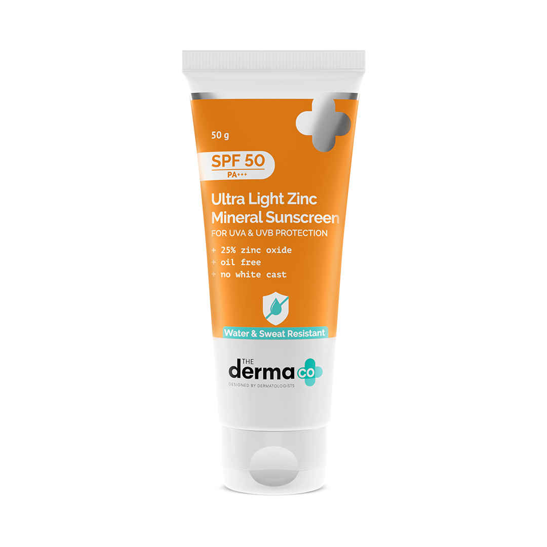 The Derma Co. Ultra Light Zinc Mineral Sunscreen with SPF 50 PA+++ For Broad Spectrum, UVA ,UVB & Blue Light Protection - 50 gm