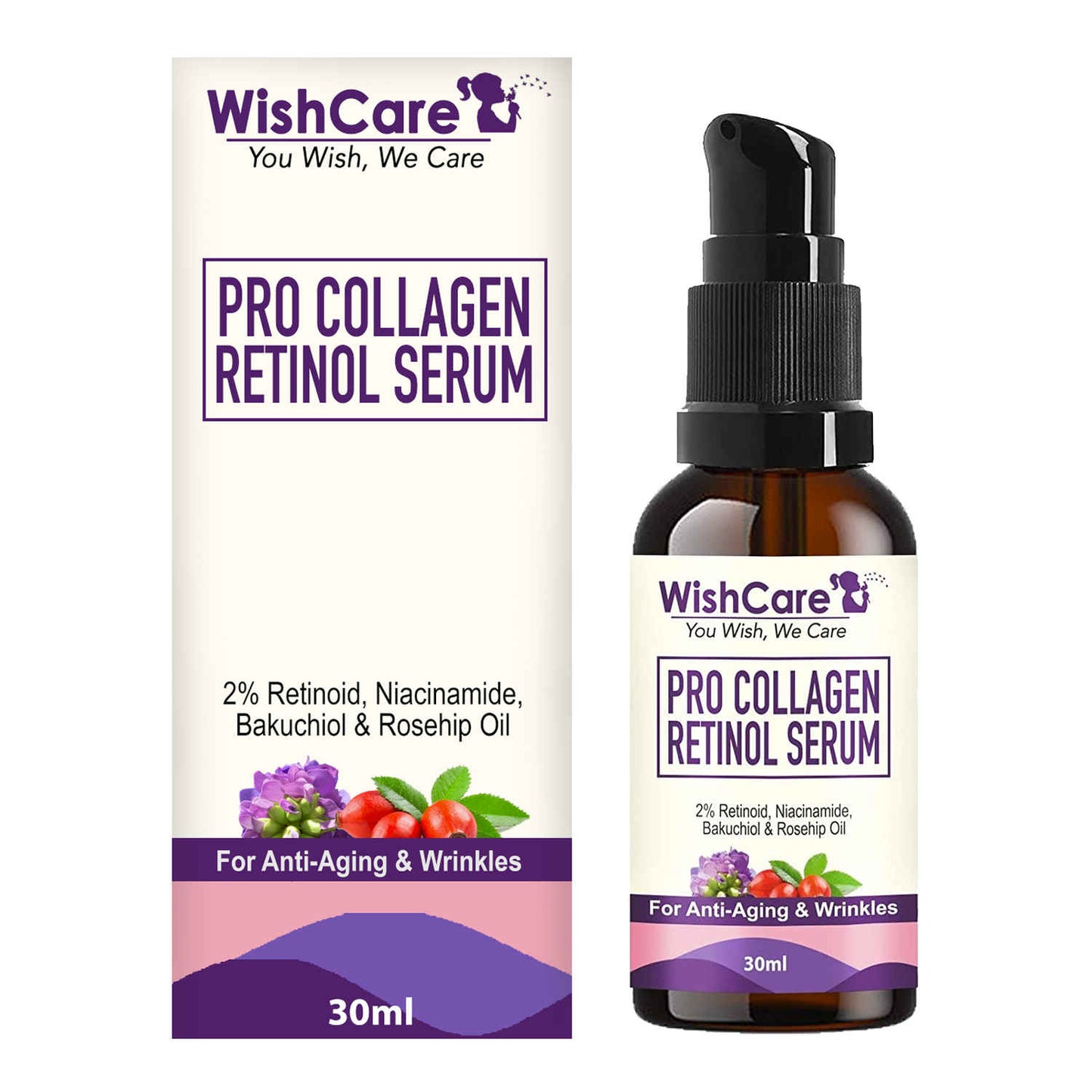 WishCare Pro Collagen Retinol Serum - For Anti-Aging & Wrinkles- 2% Retinoid, Niacinamide, Bakuchiol & Rosehip Oil - 30 ml